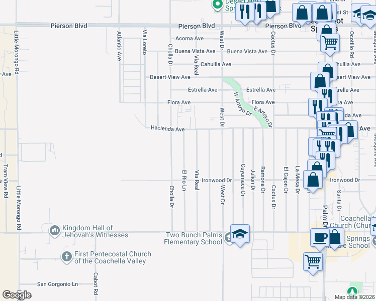 map of restaurants, bars, coffee shops, grocery stores, and more near 13212 El Rio Lane in Desert Hot Springs