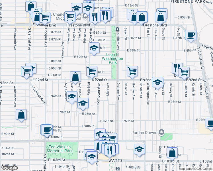 map of restaurants, bars, coffee shops, grocery stores, and more near 9217 Maie Avenue in Los Angeles