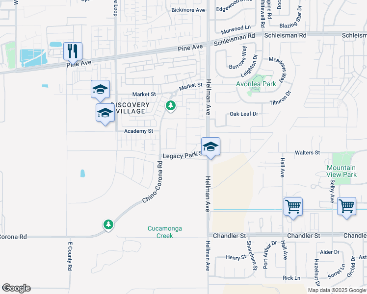map of restaurants, bars, coffee shops, grocery stores, and more near 16590 Trailblazer Avenue in Chino