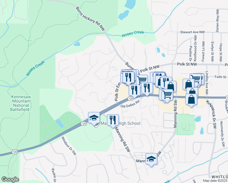 map of restaurants, bars, coffee shops, grocery stores, and more near 1079 New Haven Drive Southwest in Marietta