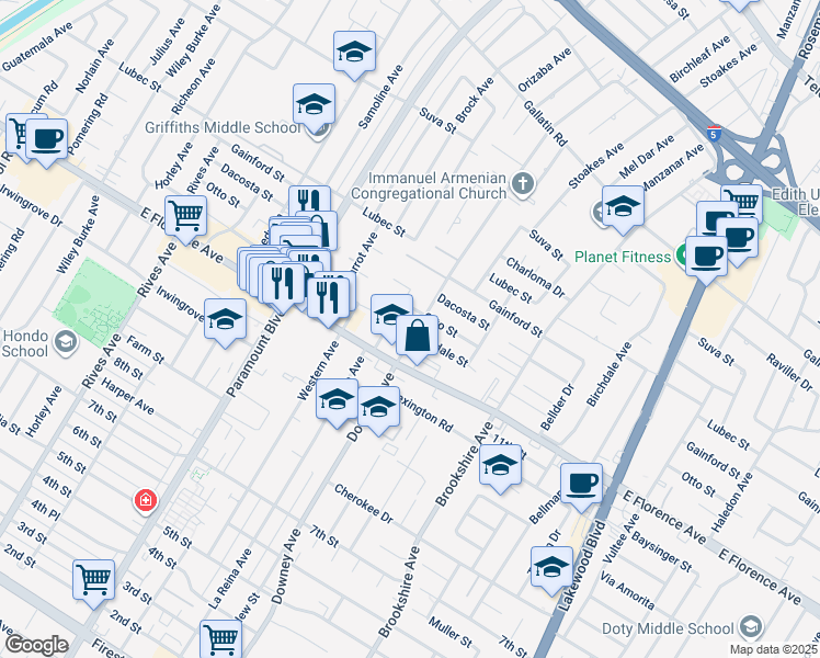 map of restaurants, bars, coffee shops, grocery stores, and more near 10023 Downey Avenue in Downey