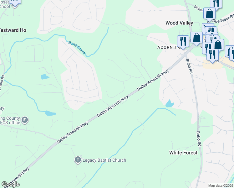 map of restaurants, bars, coffee shops, grocery stores, and more near 3650 Dallas Acworth Highway in Dallas