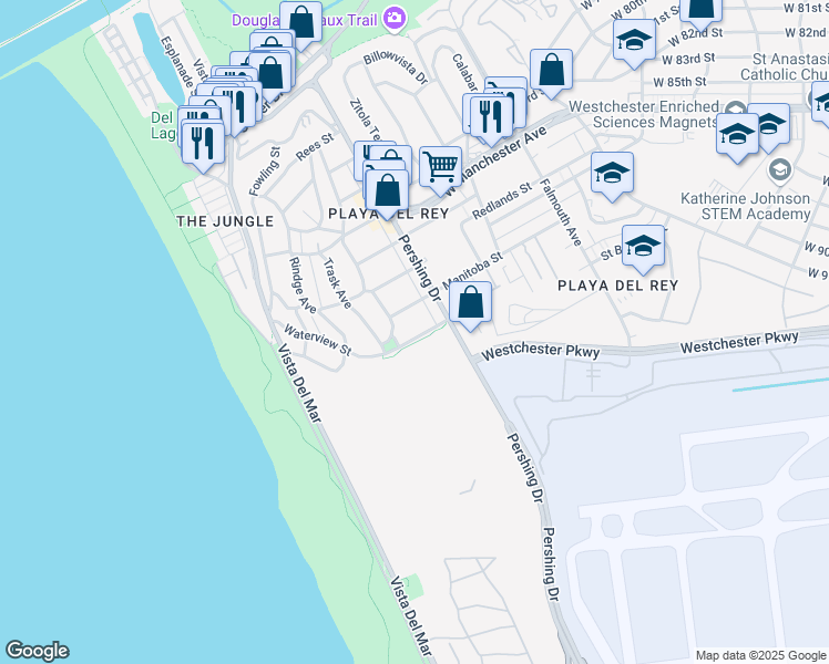 map of restaurants, bars, coffee shops, grocery stores, and more near 401 Waterview Street in Los Angeles