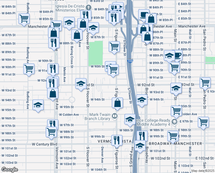 map of restaurants, bars, coffee shops, grocery stores, and more near 540 West 92nd Street in Los Angeles