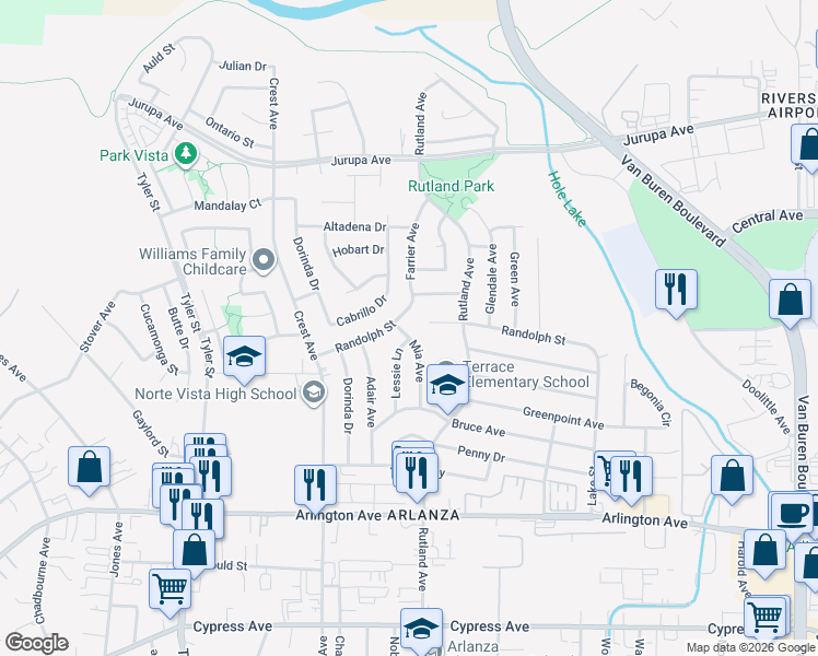 map of restaurants, bars, coffee shops, grocery stores, and more near 6730 Mia Avenue in Riverside