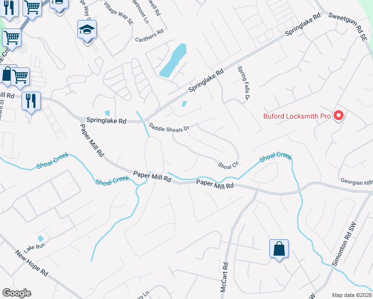 map of restaurants, bars, coffee shops, grocery stores, and more near 397 Shoal Circle in Lawrenceville