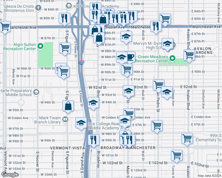 map of restaurants, bars, coffee shops, grocery stores, and more near 206 West 92nd Street in Los Angeles