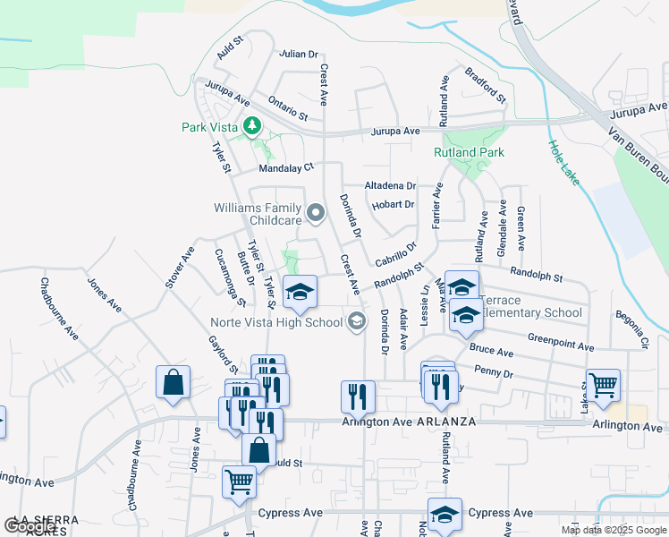 map of restaurants, bars, coffee shops, grocery stores, and more near 10035 Hillsborough Lane in Riverside