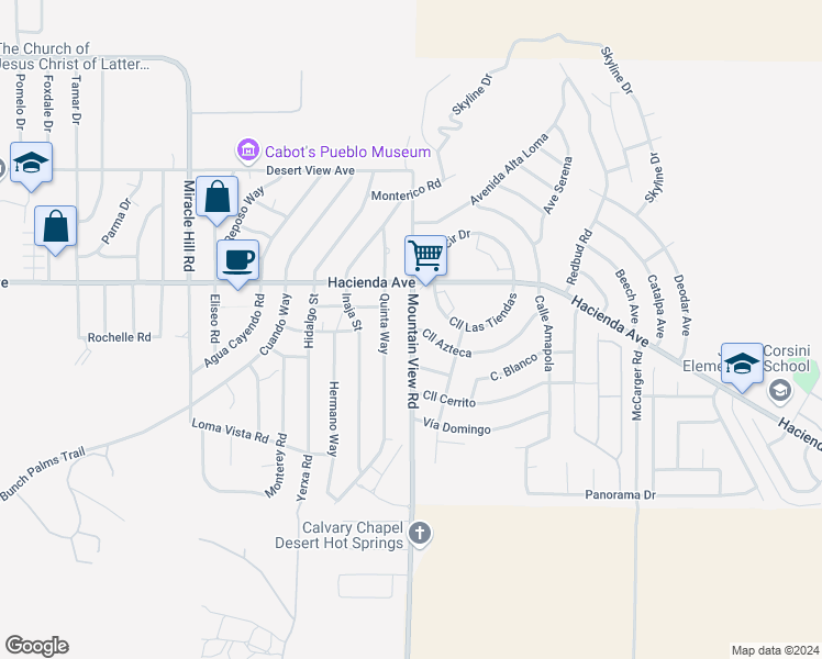 map of restaurants, bars, coffee shops, grocery stores, and more near 13215 Mountain View Road in Desert Hot Springs