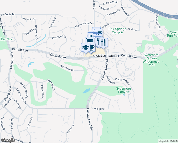 map of restaurants, bars, coffee shops, grocery stores, and more near 950 Vía Zapata in Riverside