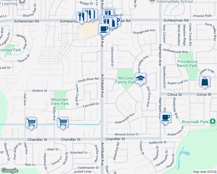 map of restaurants, bars, coffee shops, grocery stores, and more near 7451 Clementine Drive in Corona
