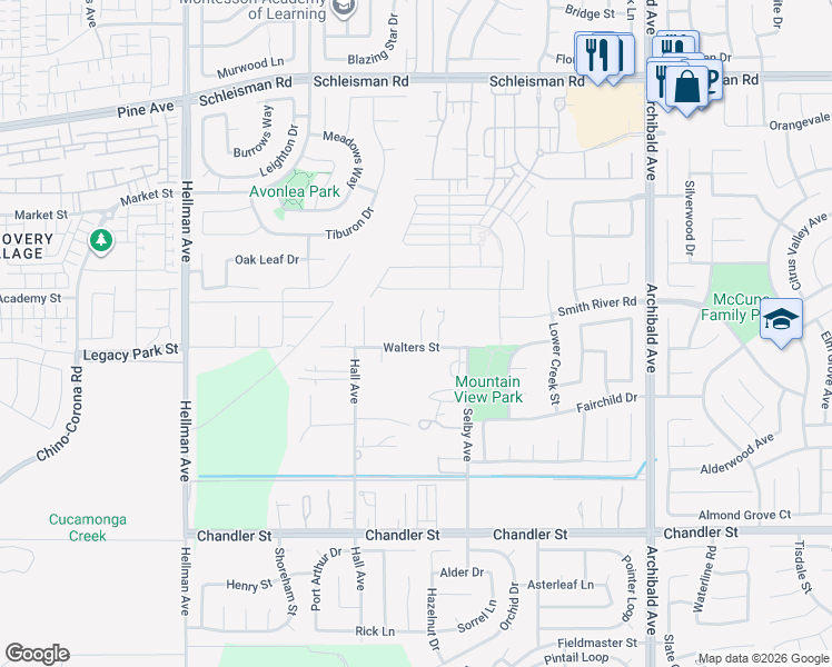 map of restaurants, bars, coffee shops, grocery stores, and more near 14581 Walters Street in Corona
