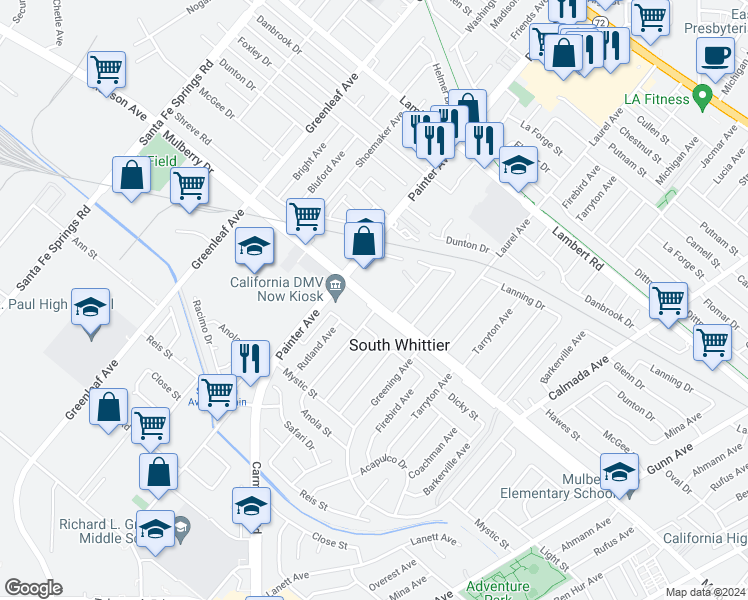 map of restaurants, bars, coffee shops, grocery stores, and more near 13443 Mulberry Drive in Whittier
