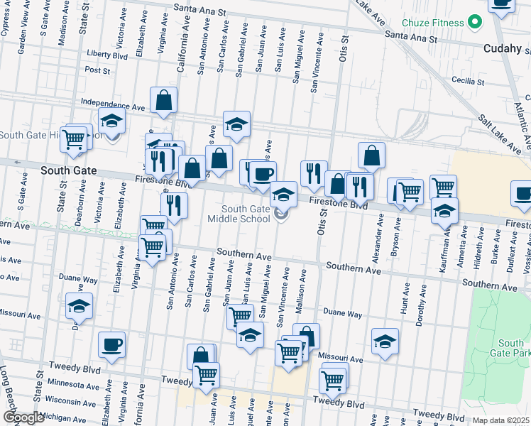 map of restaurants, bars, coffee shops, grocery stores, and more near 8936 San Luis Avenue in South Gate