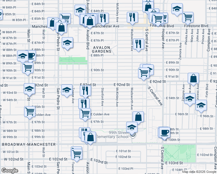 map of restaurants, bars, coffee shops, grocery stores, and more near 742 East 92nd Street in Los Angeles