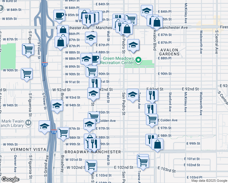 map of restaurants, bars, coffee shops, grocery stores, and more near 234 East 92nd Street in Los Angeles