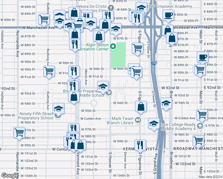 map of restaurants, bars, coffee shops, grocery stores, and more near 9200 South Hoover Street in Los Angeles