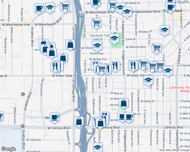 map of restaurants, bars, coffee shops, grocery stores, and more near 614 West Arbor Vitae Street in Inglewood