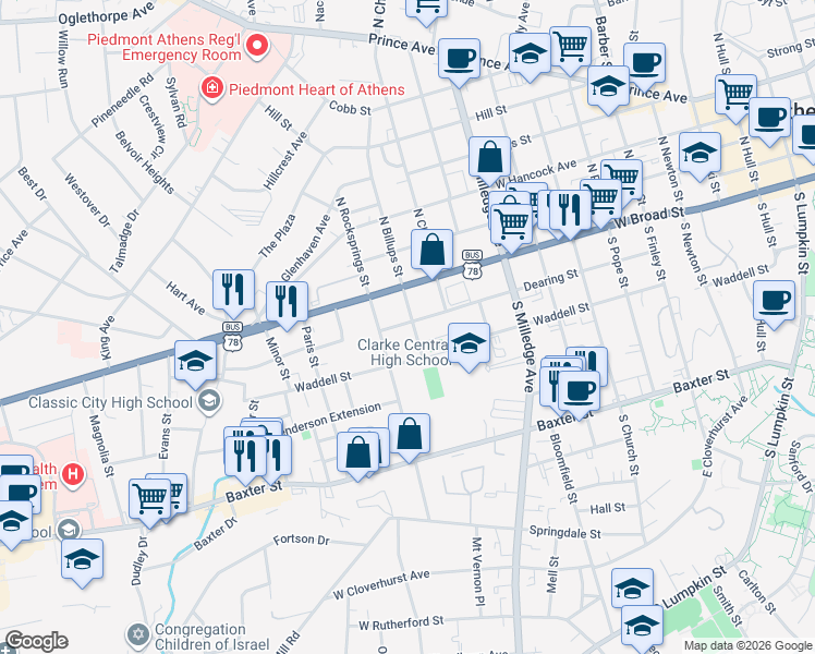 map of restaurants, bars, coffee shops, grocery stores, and more near 735 Dearing Street in Athens