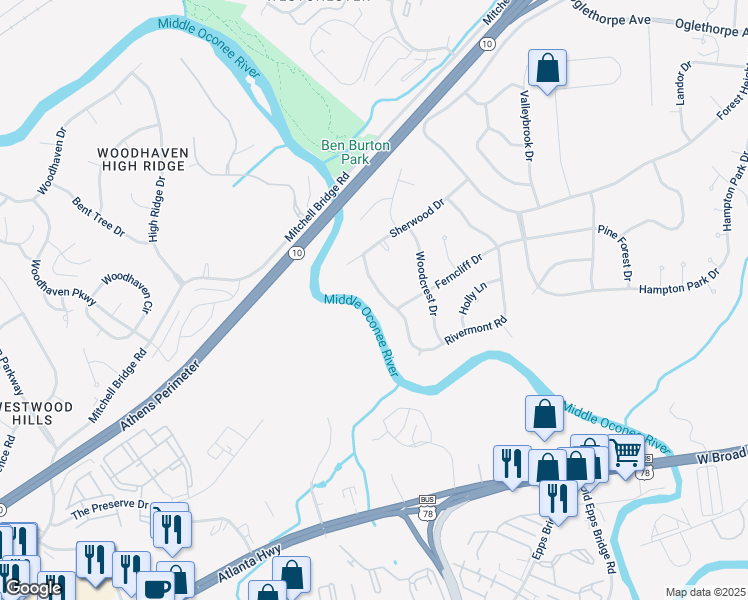 map of restaurants, bars, coffee shops, grocery stores, and more near 635 Rivermont Road in Athens