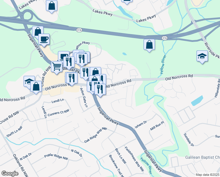 map of restaurants, bars, coffee shops, grocery stores, and more near 1759 Coleville Oak Lane in Lawrenceville