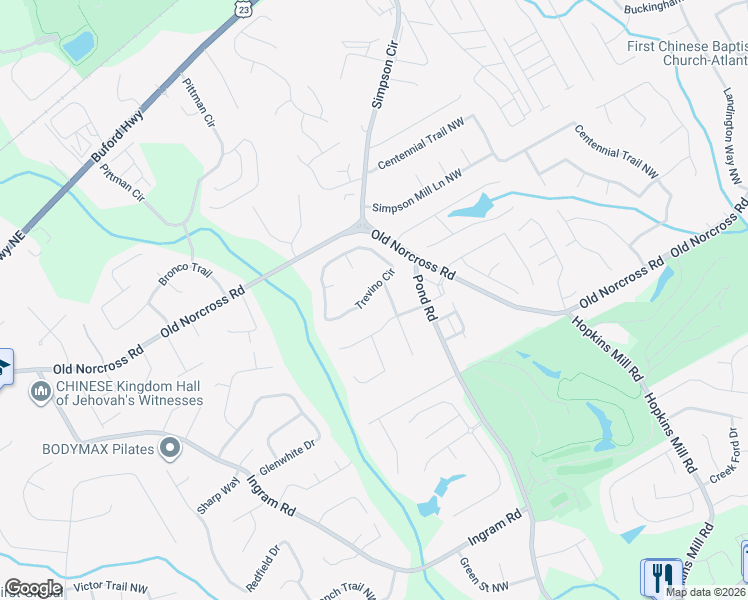 map of restaurants, bars, coffee shops, grocery stores, and more near 5011 Trevino Circle in Duluth