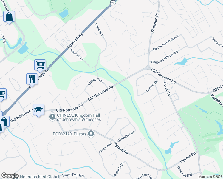 map of restaurants, bars, coffee shops, grocery stores, and more near 2612 Chaffin Ridge Drive in Duluth