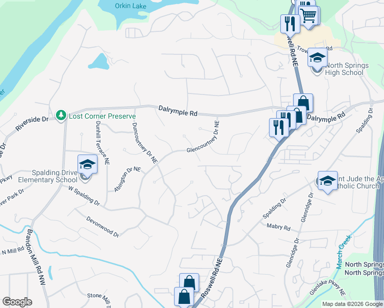 map of restaurants, bars, coffee shops, grocery stores, and more near 7220 Selkirk Drive Northeast in Atlanta