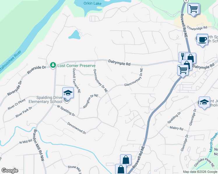 map of restaurants, bars, coffee shops, grocery stores, and more near 330 Glencourtney Drive Northeast in Atlanta