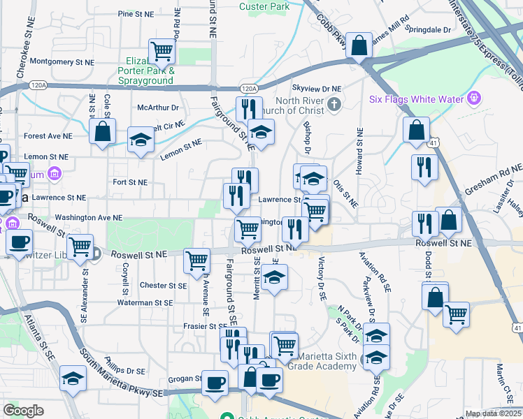 map of restaurants, bars, coffee shops, grocery stores, and more near 66 Moore Avenue in Marietta