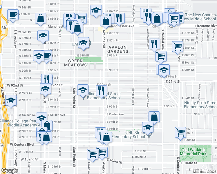 map of restaurants, bars, coffee shops, grocery stores, and more near 616 East 92nd Street in Los Angeles