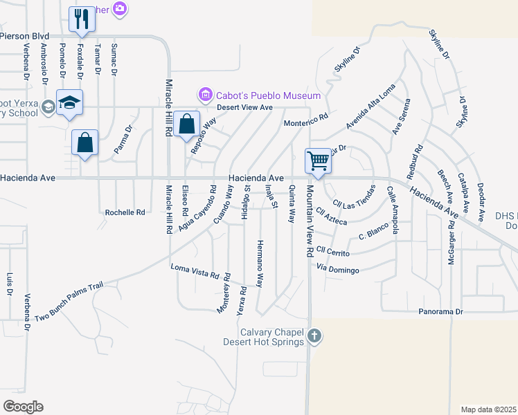 map of restaurants, bars, coffee shops, grocery stores, and more near Arena Blanca Road in Desert Hot Springs