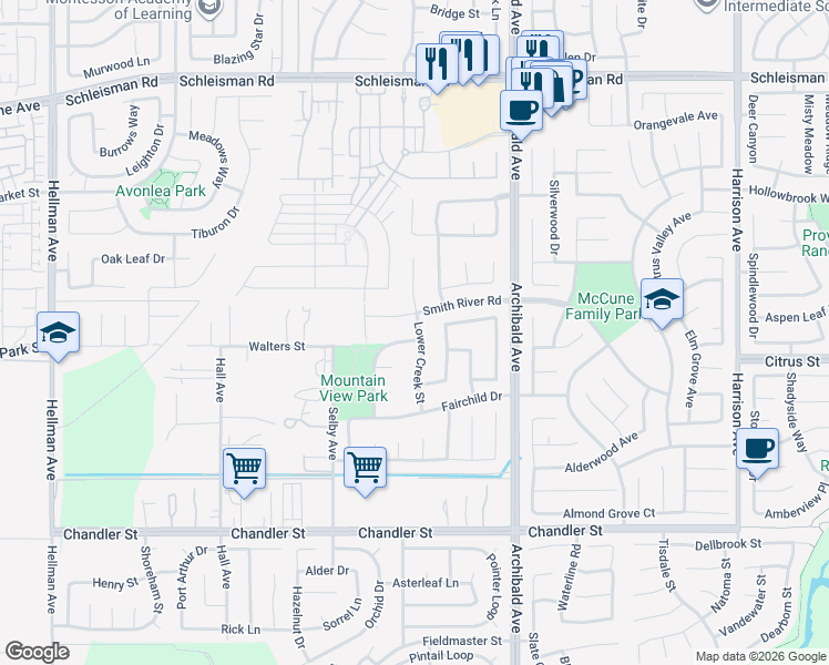 map of restaurants, bars, coffee shops, grocery stores, and more near 14384 Healy Lake Street in Corona