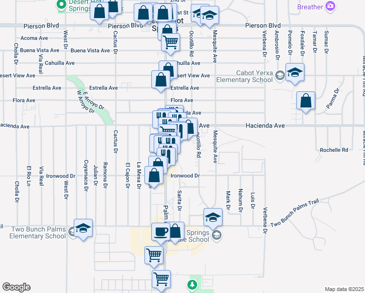 map of restaurants, bars, coffee shops, grocery stores, and more near 13200 Palm Drive in Desert Hot Springs