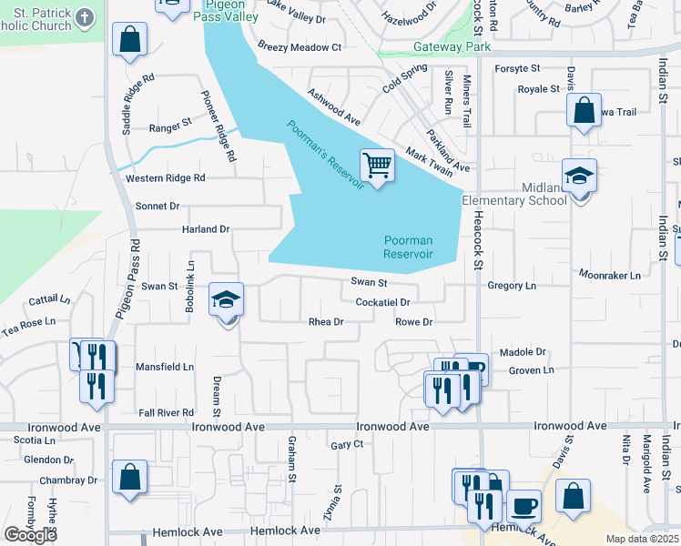 map of restaurants, bars, coffee shops, grocery stores, and more near 23638 Swan Street in Moreno Valley