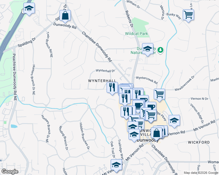 map of restaurants, bars, coffee shops, grocery stores, and more near 1180 Wynterhall Lane in Dunwoody