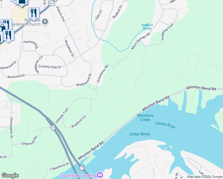 map of restaurants, bars, coffee shops, grocery stores, and more near 170 Greenbriar Road in Gadsden