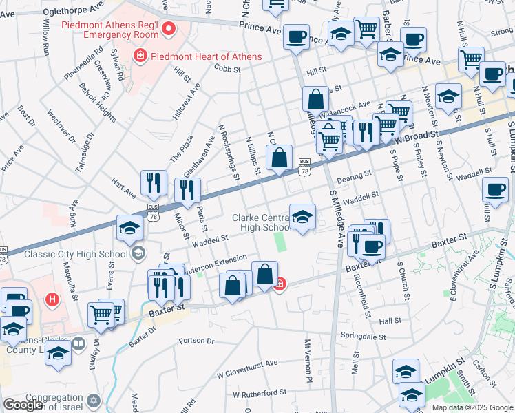 map of restaurants, bars, coffee shops, grocery stores, and more near 735 Dearing Street in Athens