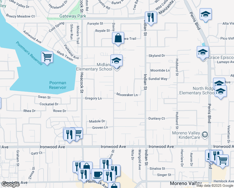 map of restaurants, bars, coffee shops, grocery stores, and more near 24345 Moonraker Lane in Moreno Valley
