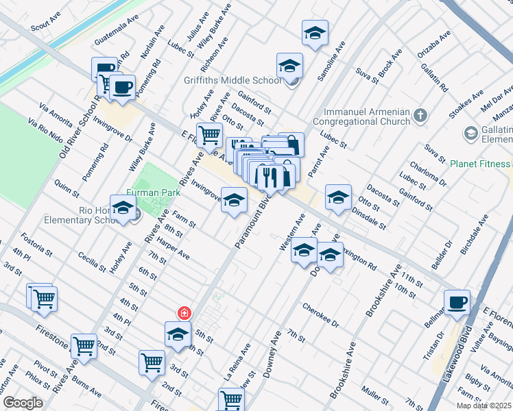 map of restaurants, bars, coffee shops, grocery stores, and more near 10245 Paramount Boulevard in Downey