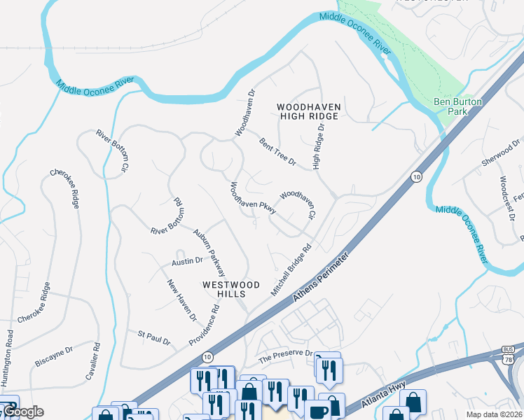 map of restaurants, bars, coffee shops, grocery stores, and more near 107 Woodhaven Terrace in Athens
