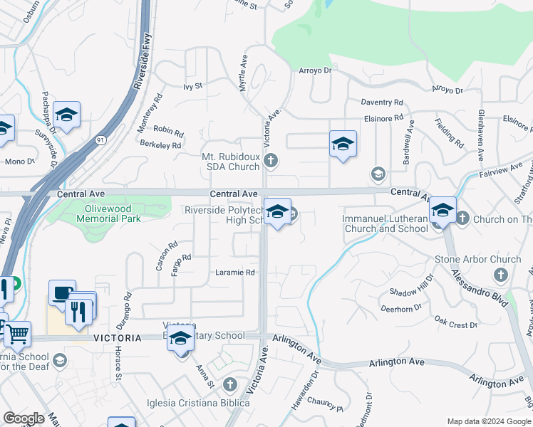 map of restaurants, bars, coffee shops, grocery stores, and more near 5450 Victoria Avenue in Riverside