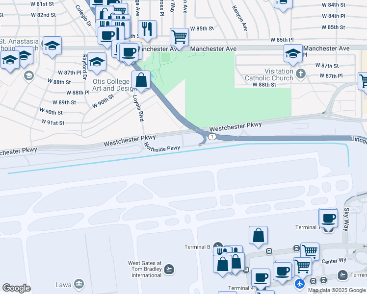 map of restaurants, bars, coffee shops, grocery stores, and more near Northside Parkway in Los Angeles