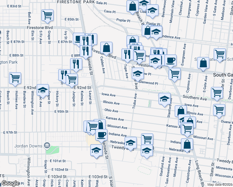 map of restaurants, bars, coffee shops, grocery stores, and more near 2509 Iowa Avenue in South Gate