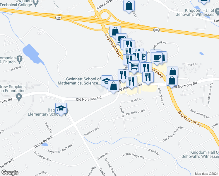 map of restaurants, bars, coffee shops, grocery stores, and more near 1919 McElvaney Lane Northwest in Lawrenceville