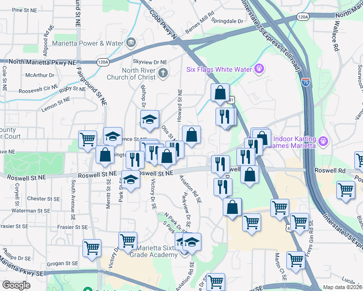 map of restaurants, bars, coffee shops, grocery stores, and more near 75 Beaver Street in Marietta
