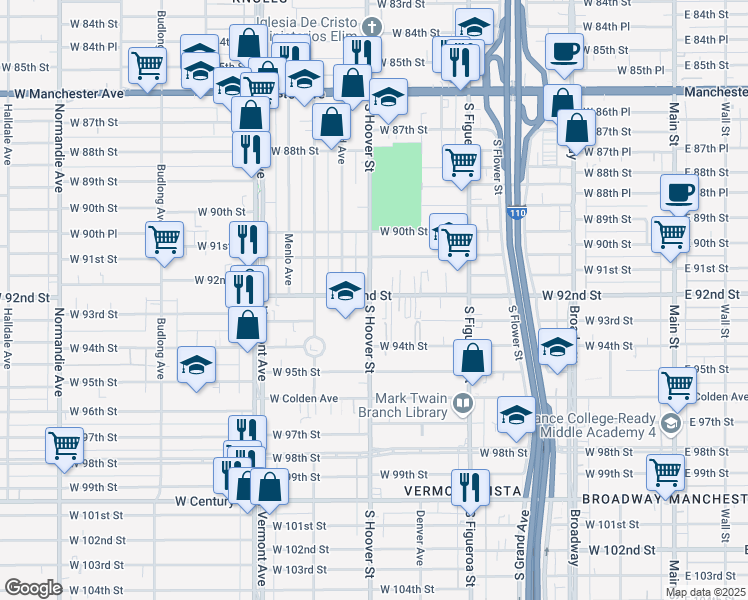 map of restaurants, bars, coffee shops, grocery stores, and more near 9200 South Hoover Street in Los Angeles