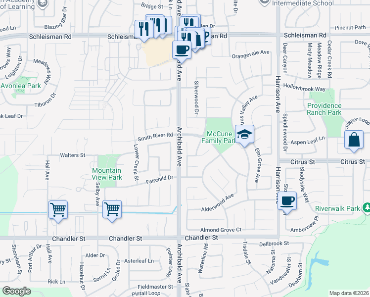 map of restaurants, bars, coffee shops, grocery stores, and more near 7451 Clementine Dr in Corona