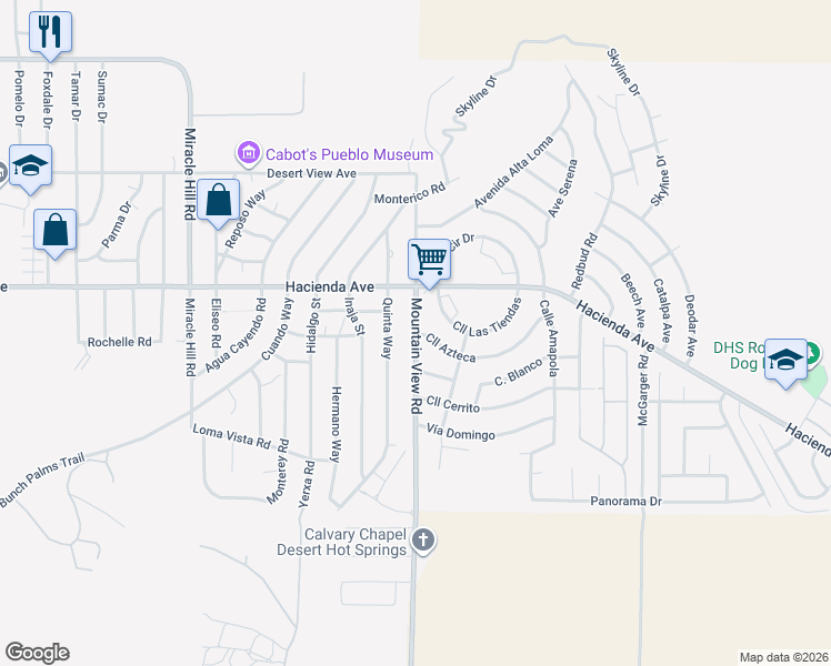 map of restaurants, bars, coffee shops, grocery stores, and more near Mountain View Road & Calle Azteca in Desert Hot Springs