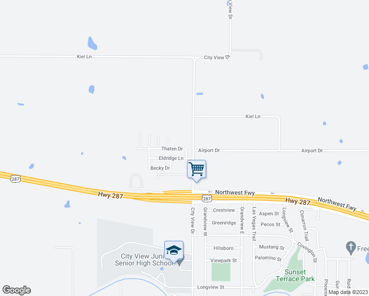 map of restaurants, bars, coffee shops, grocery stores, and more near 20 Thaten Drive in Wichita Falls